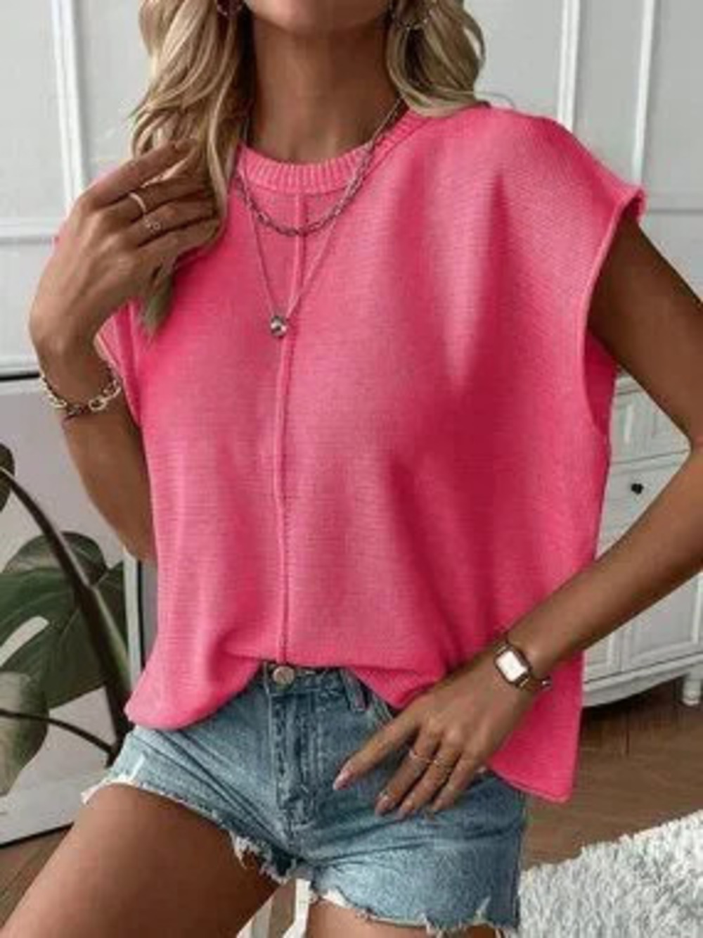 Hot Pink Casual Women's Plain Crew Neck Loose Knit Sweater Vest